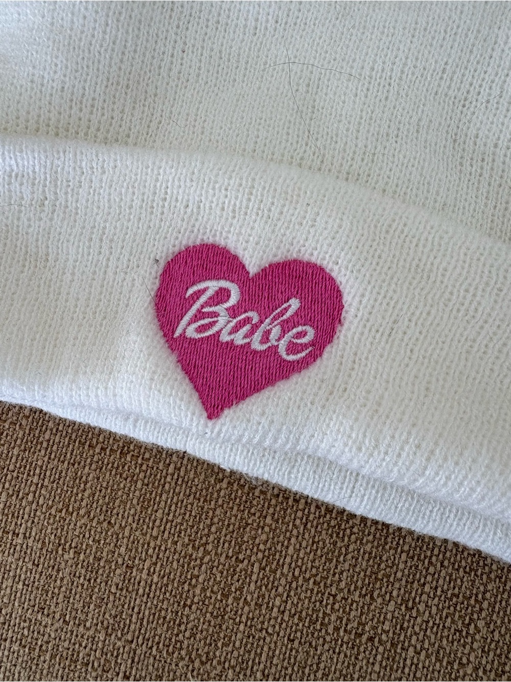 Women’s White Beanie with Pink Heart 'Babe' Embroidery